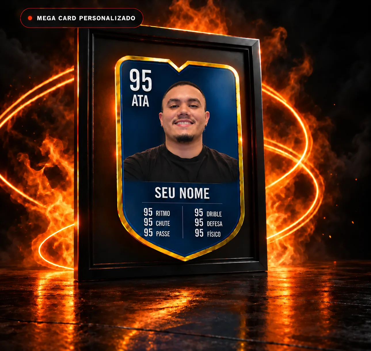 Mega Card personalizado com uma pessoa real, emoldurado em azul e dourado