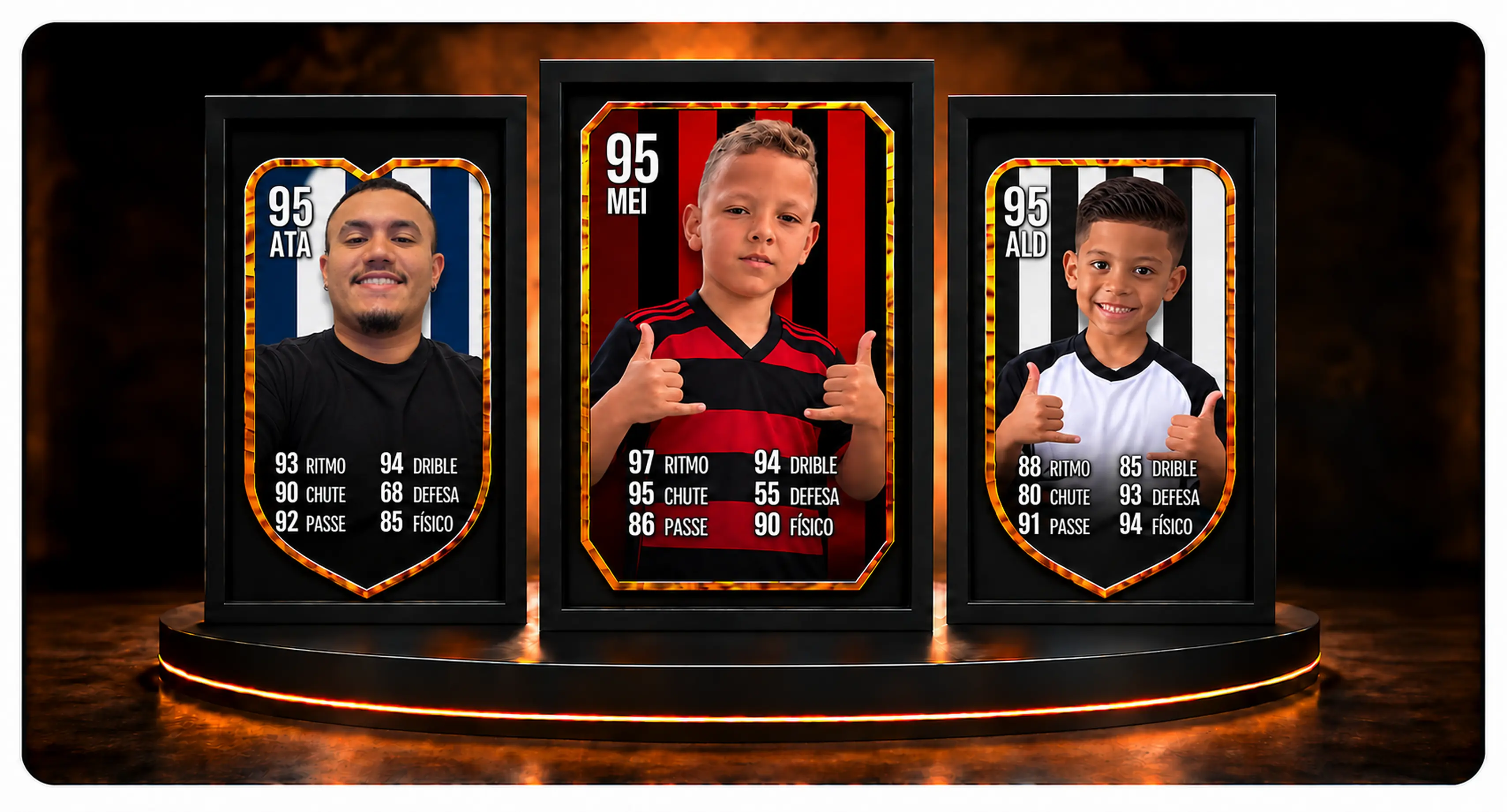 Três Mega Cards em alta resolução com pessoas reais
